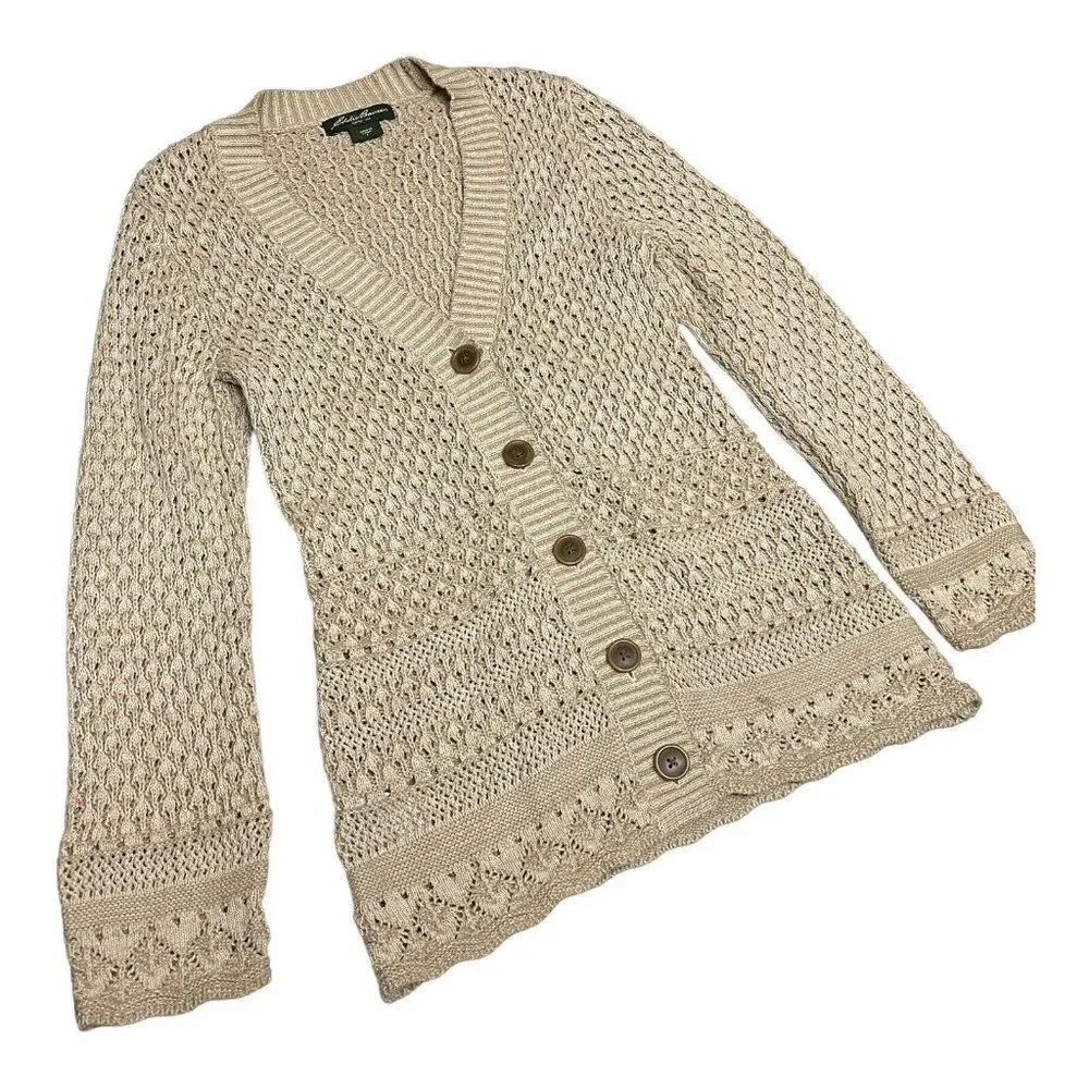 Eddie Bauer Open Knit Cotton Cardigan Sweater‎ Beige Coastal Beachy S